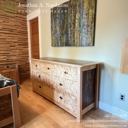 Curved-7-Drawer-Maple-Dresser-with-Figured-Maple-Drawer-Fronts-with-Western-Walnut-Pulls