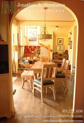 Madrone-Table-Bench-Chairs-through-arch